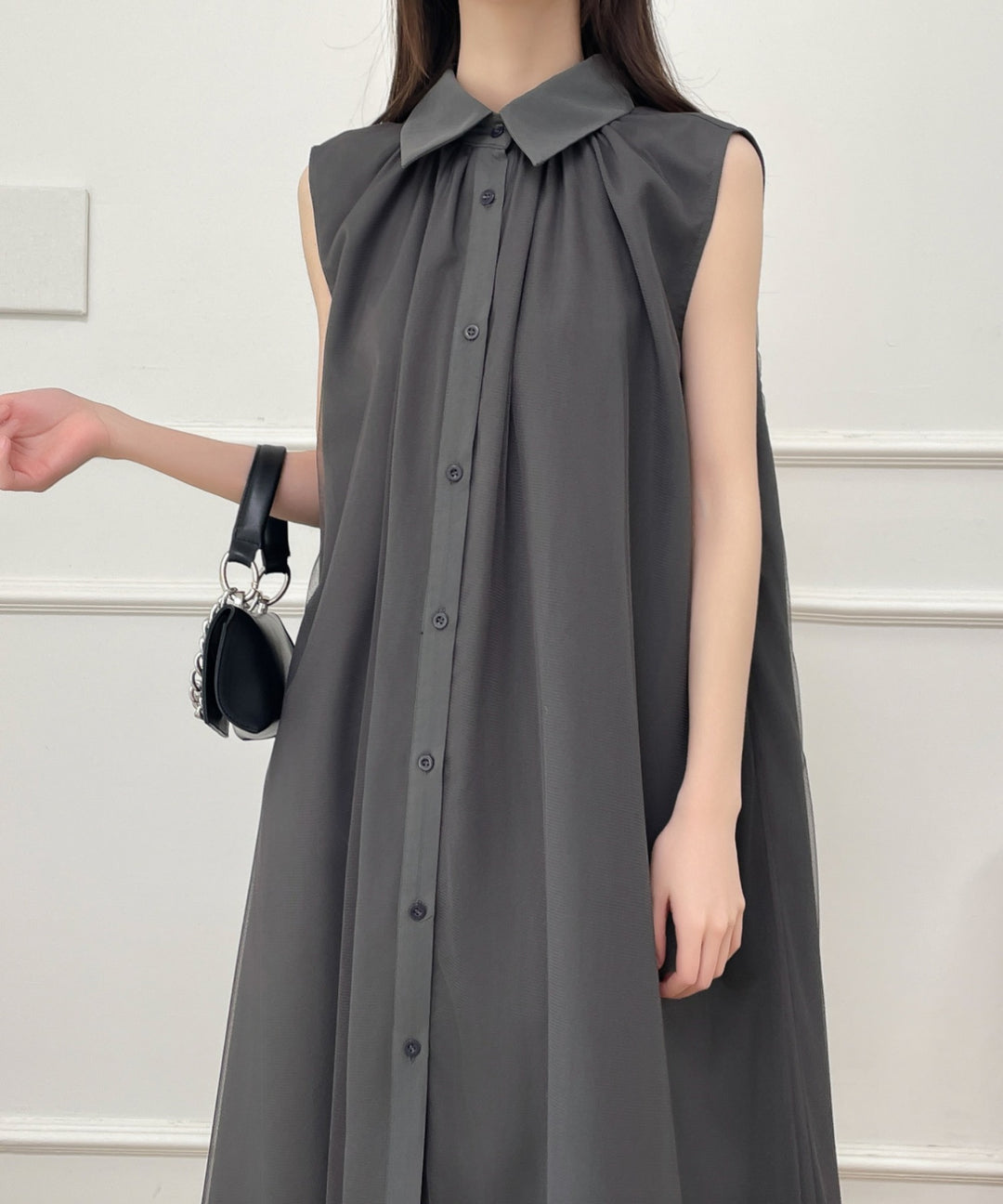 パワーチュールドッキングノースリーブシャツワンピース