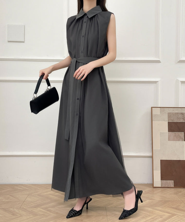 パワーチュールドッキングノースリーブシャツワンピース