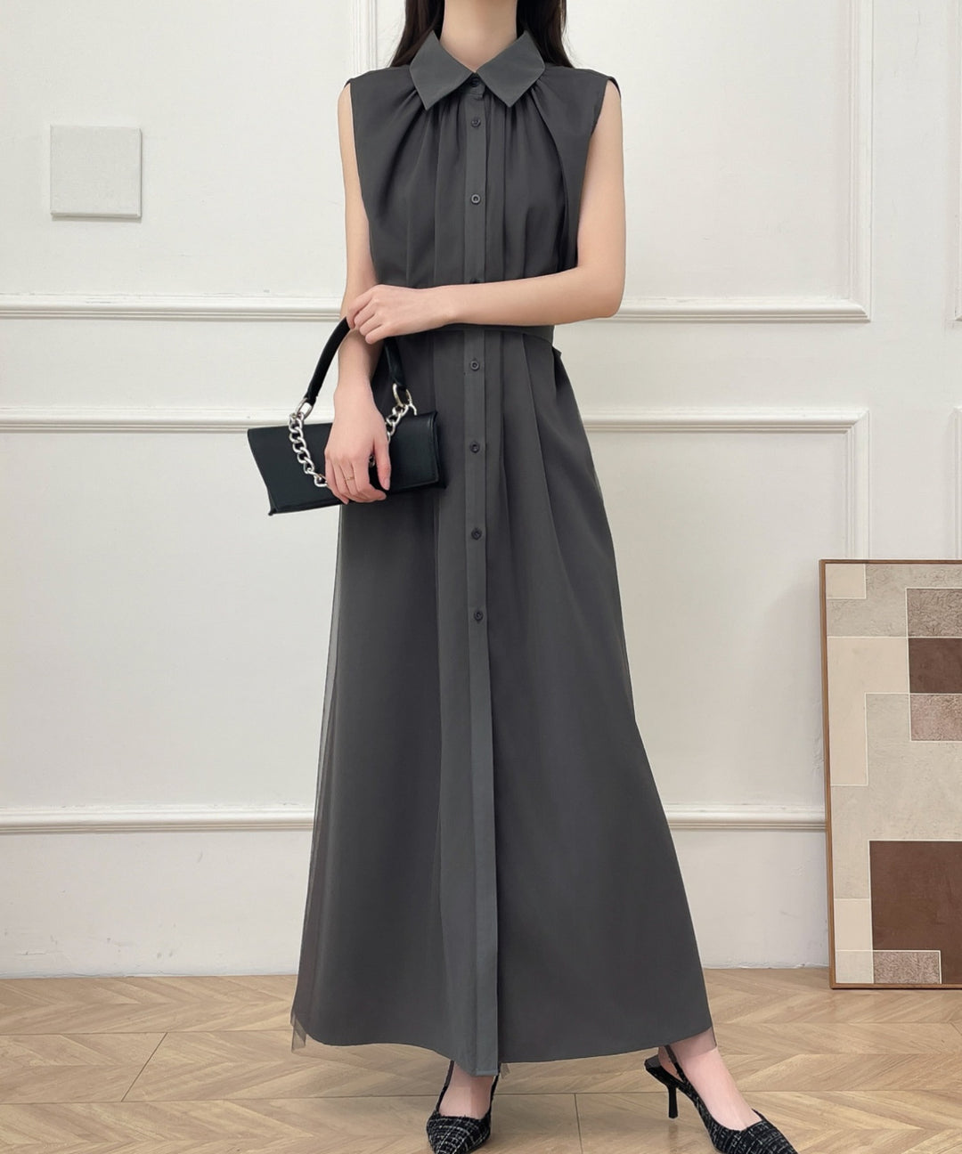 パワーチュールドッキングノースリーブシャツワンピース