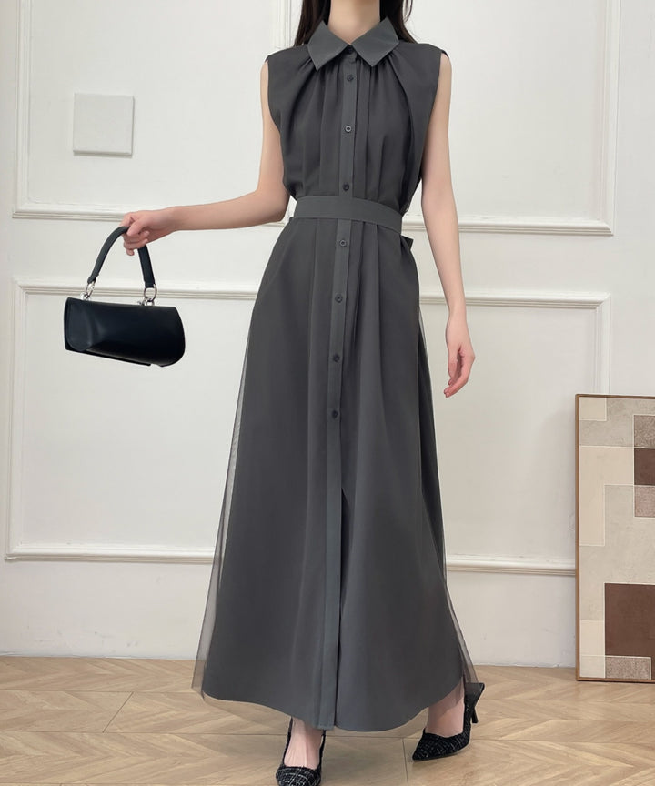 パワーチュールドッキングノースリーブシャツワンピース