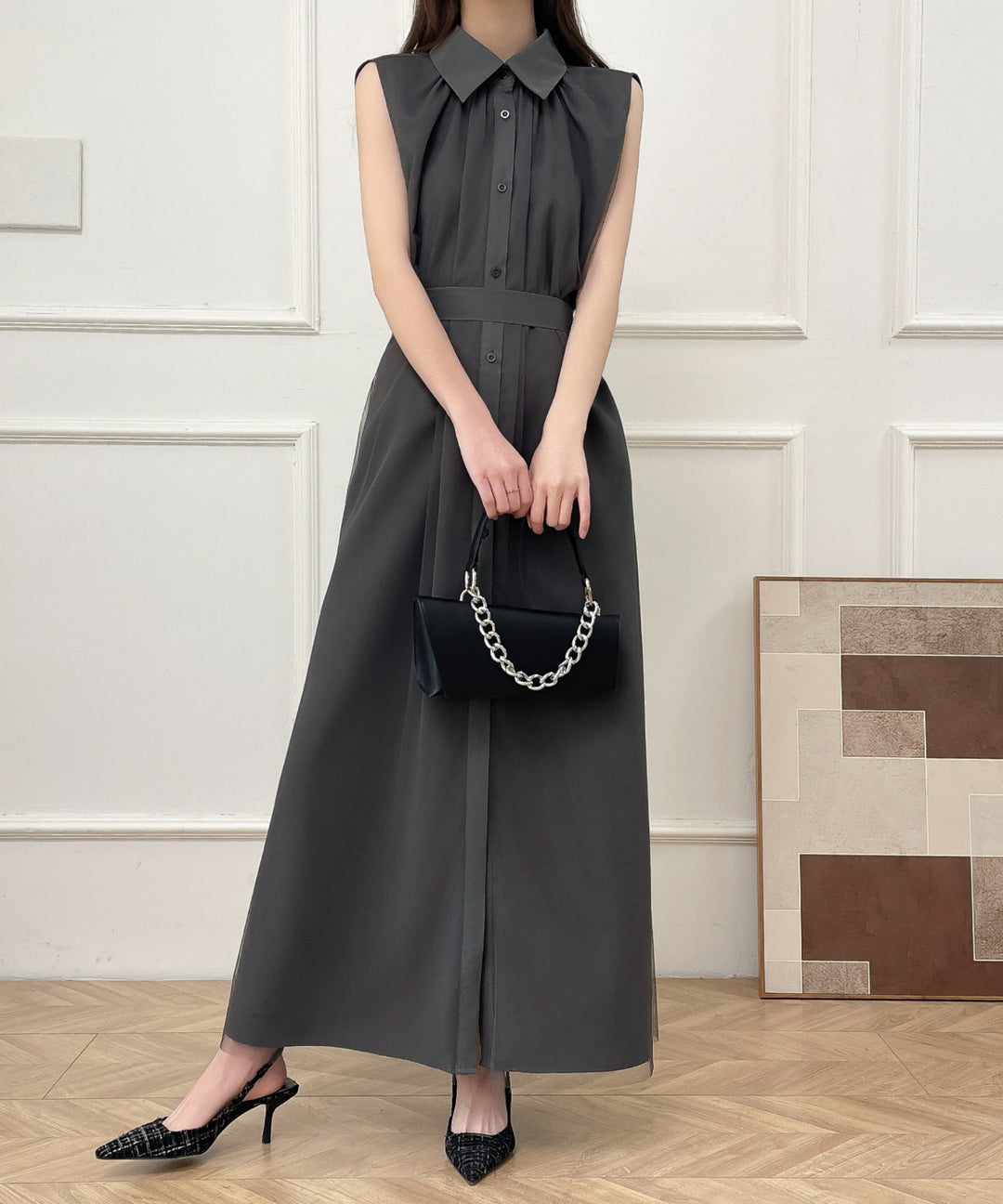 パワーチュールドッキングノースリーブシャツワンピース