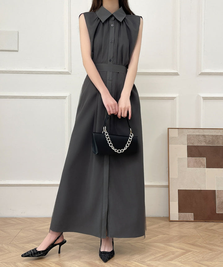 パワーチュールドッキングノースリーブシャツワンピース