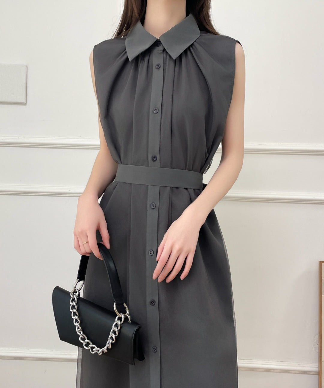 パワーチュールドッキングノースリーブシャツワンピース