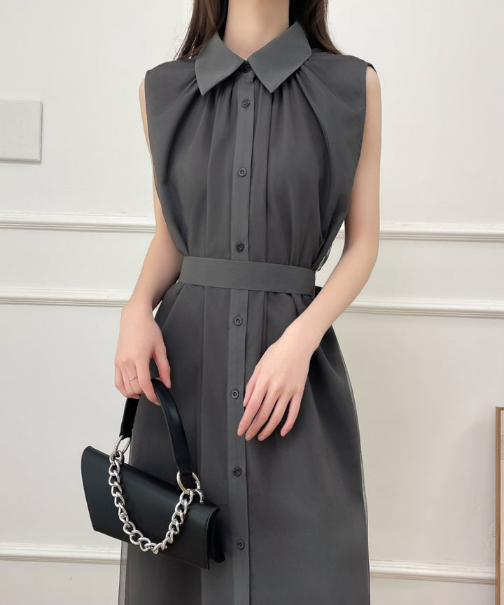 パワーチュールドッキングノースリーブシャツワンピース