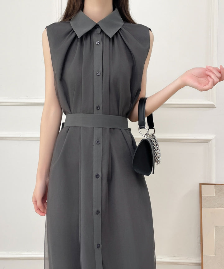 パワーチュールドッキングノースリーブシャツワンピース