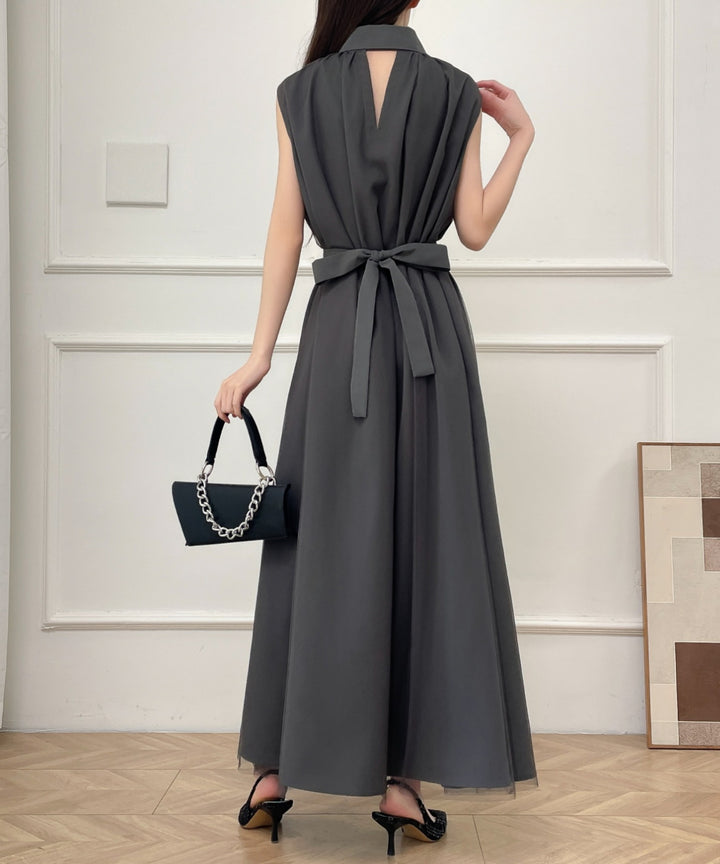 パワーチュールドッキングノースリーブシャツワンピース