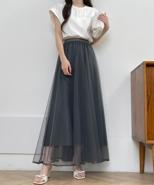 裾パイピングチュールフレアロングスカート