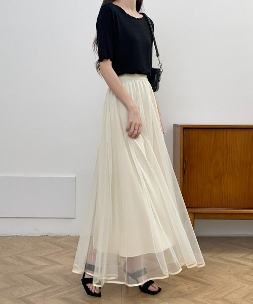裾パイピングチュールフレアロングスカート