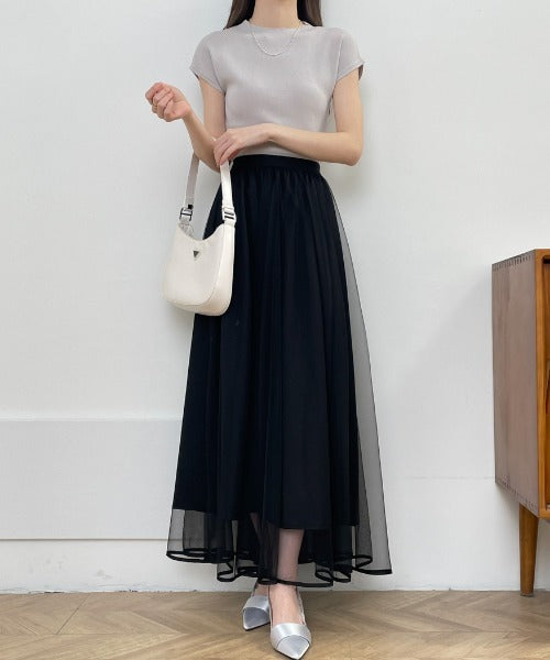 裾パイピングチュールフレアロングスカート
