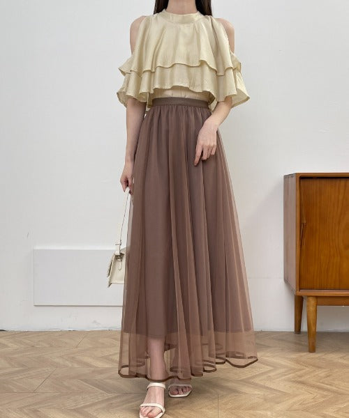 裾パイピングチュールフレアロングスカート