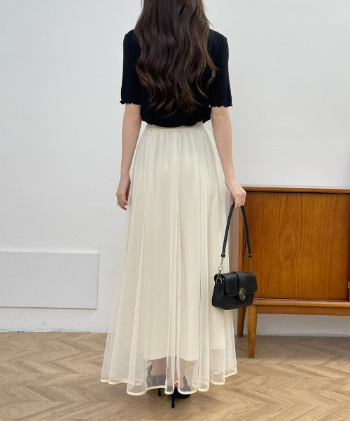 裾パイピングチュールフレアロングスカート