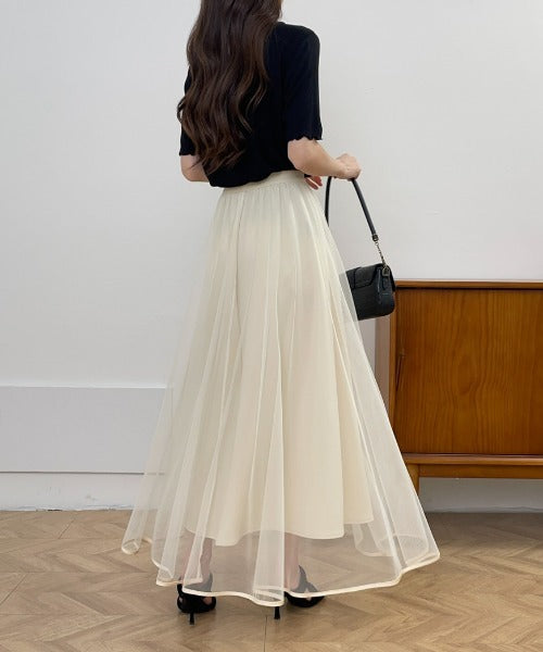 裾パイピングチュールフレアロングスカート