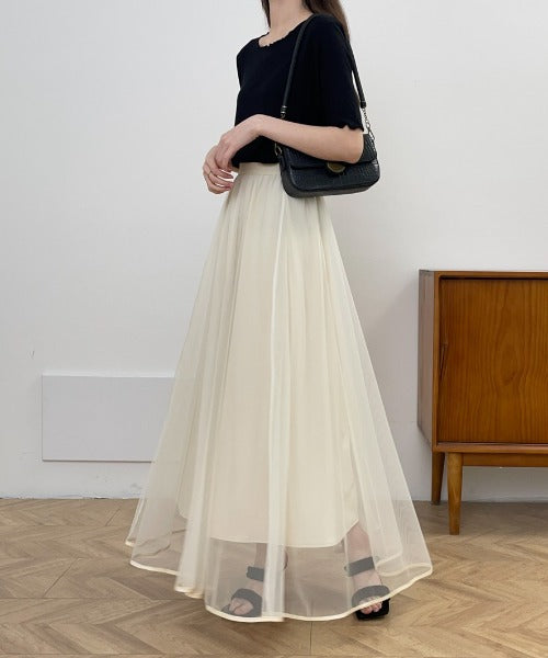 裾パイピングチュールフレアロングスカート
