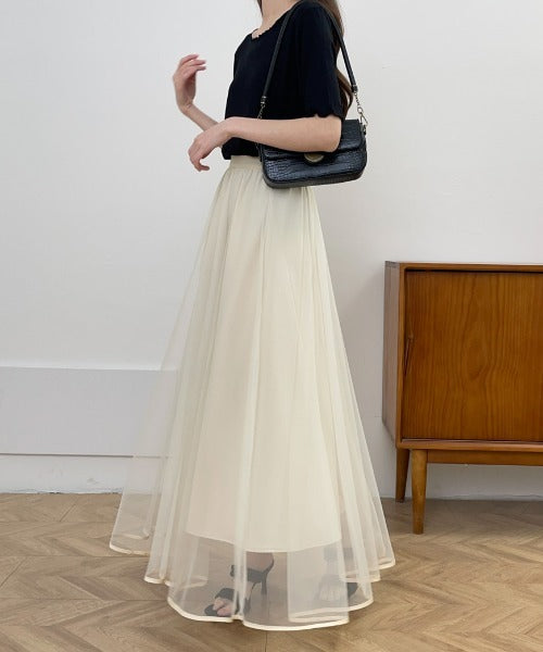 裾パイピングチュールフレアロングスカート