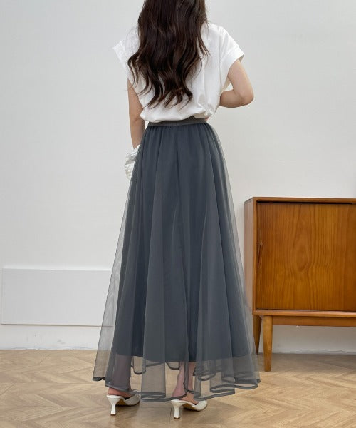 裾パイピングチュールフレアロングスカート