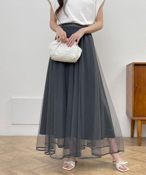 裾パイピングチュールフレアロングスカート