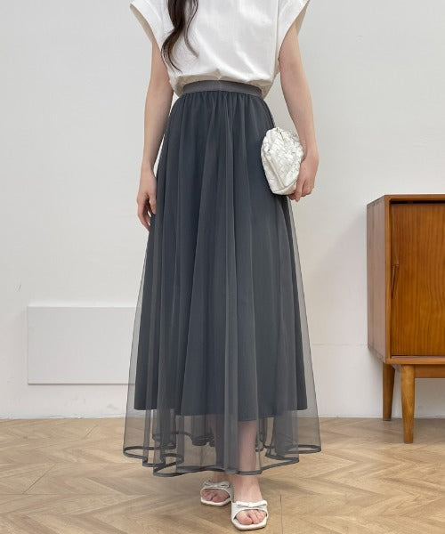 裾パイピングチュールフレアロングスカート