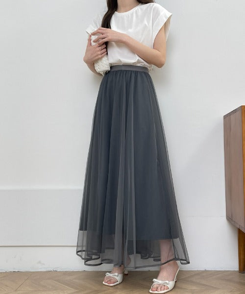 裾パイピングチュールフレアロングスカート