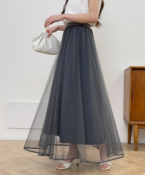 裾パイピングチュールフレアロングスカート