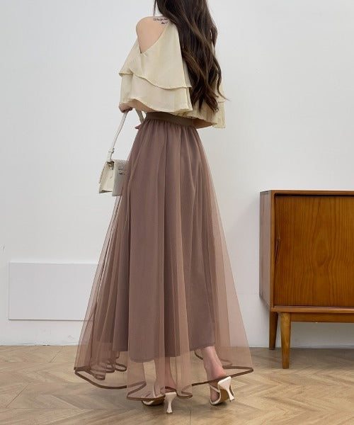 裾パイピングチュールフレアロングスカート