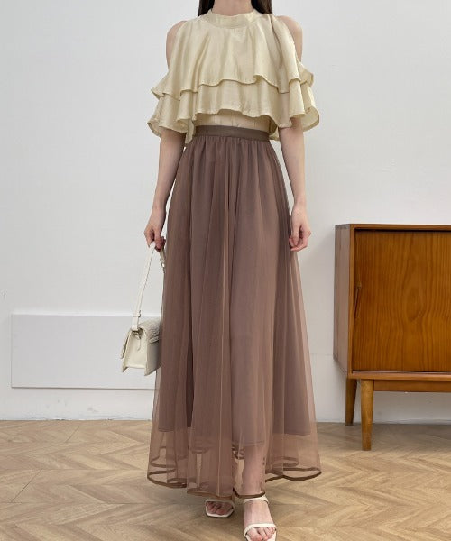 裾パイピングチュールフレアロングスカート