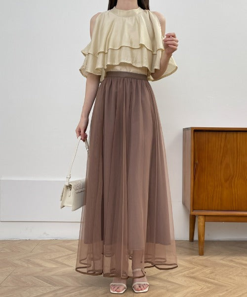 裾パイピングチュールフレアロングスカート