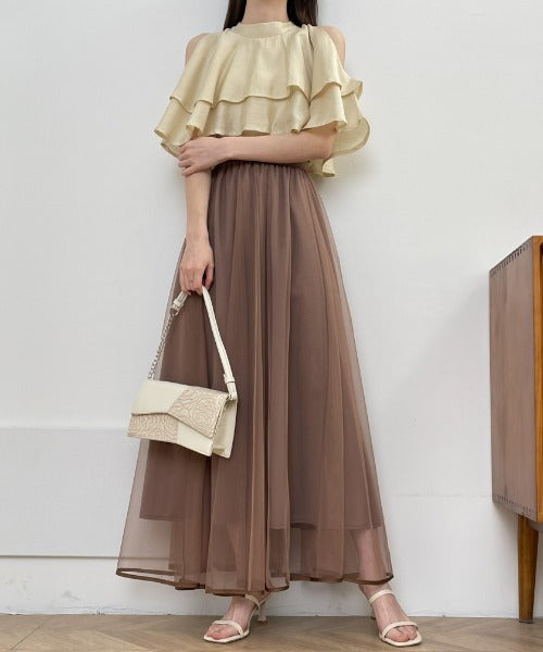裾パイピングチュールフレアロングスカート