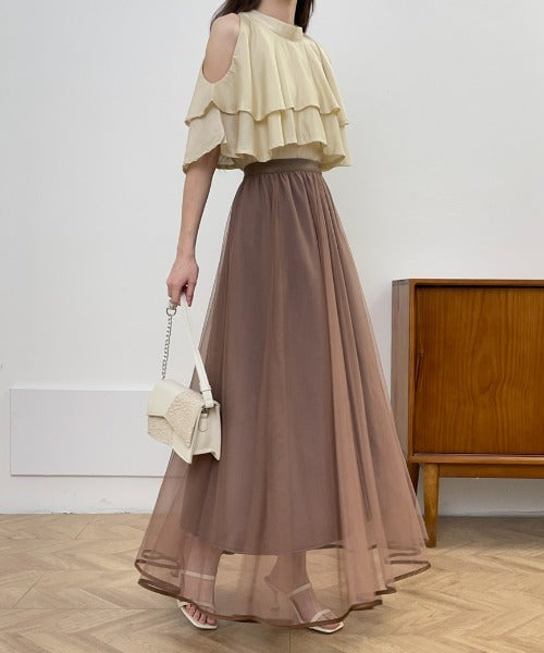 裾パイピングチュールフレアロングスカート