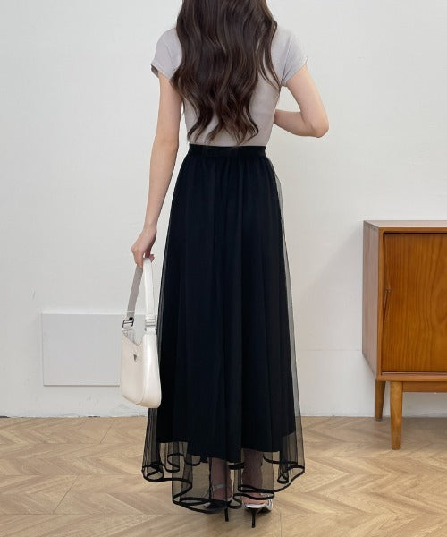 裾パイピングチュールフレアロングスカート