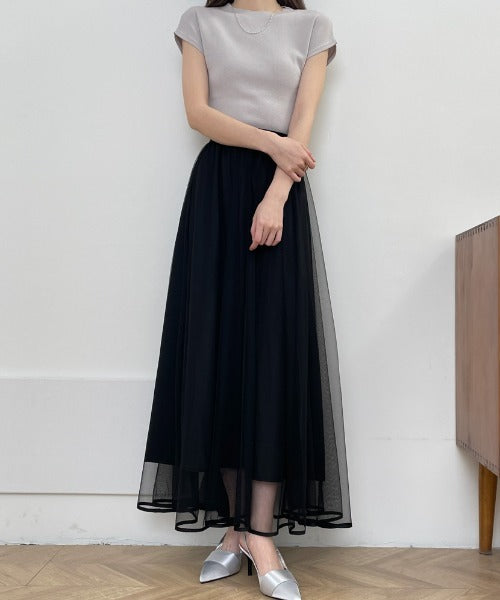 裾パイピングチュールフレアロングスカート
