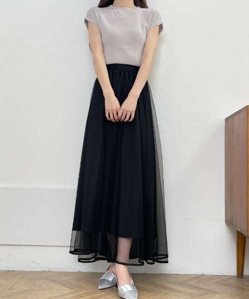 裾パイピングチュールフレアロングスカート