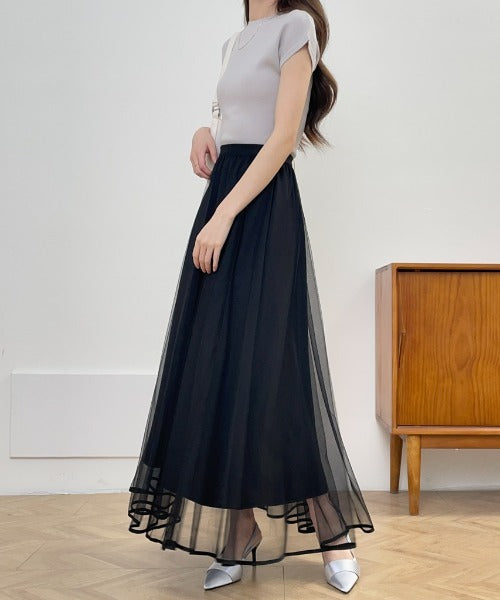 裾パイピングチュールフレアロングスカート