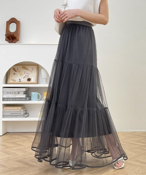 パイピングボリュームチュールティアードロングスカート