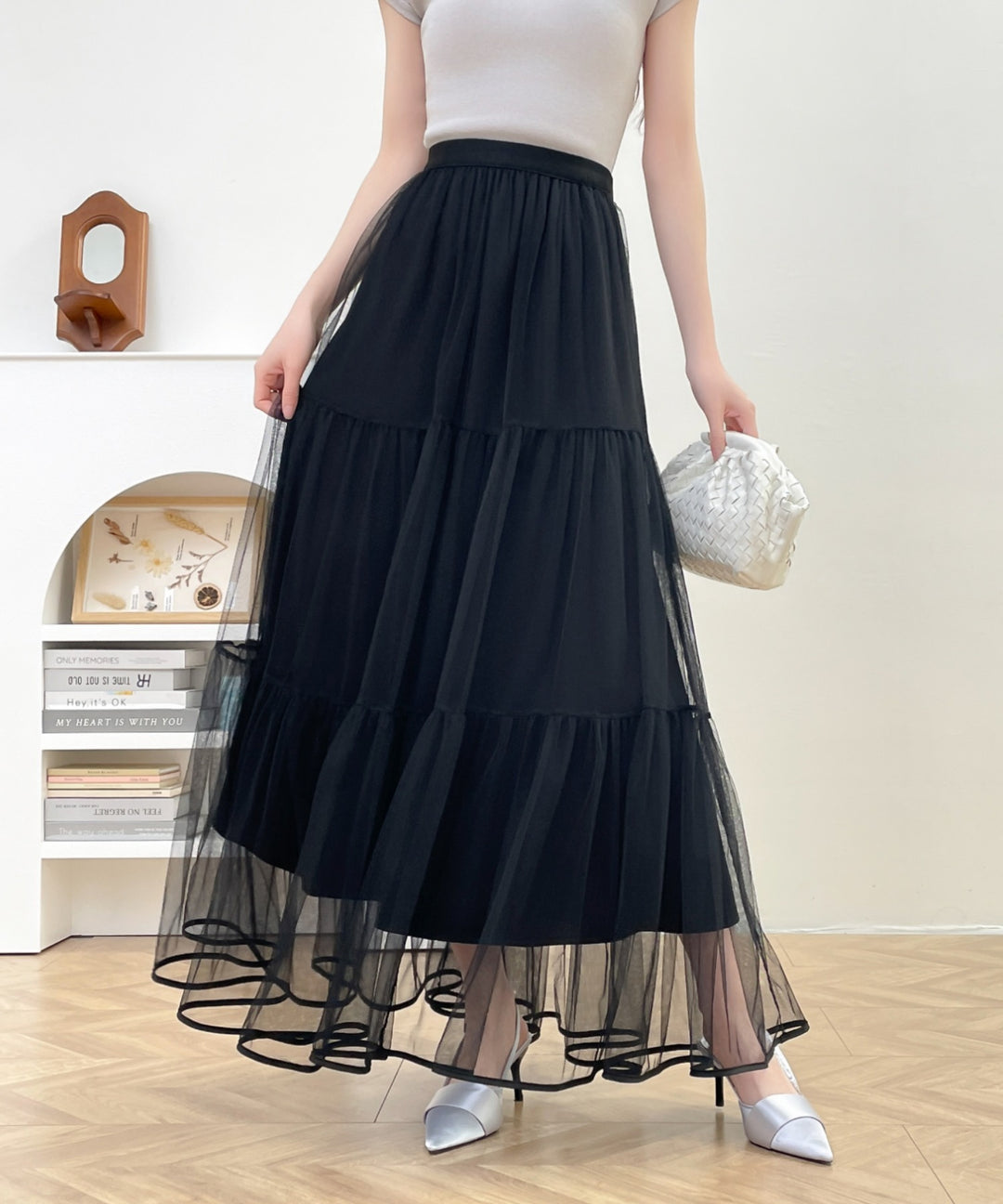 パイピングボリュームチュールティアードロングスカート