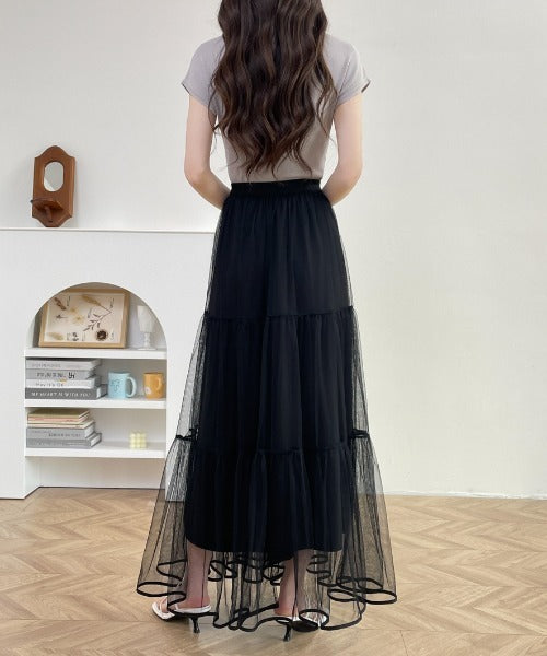 パイピングボリュームチュールティアードロングスカート