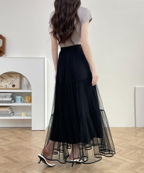 パイピングボリュームチュールティアードロングスカート