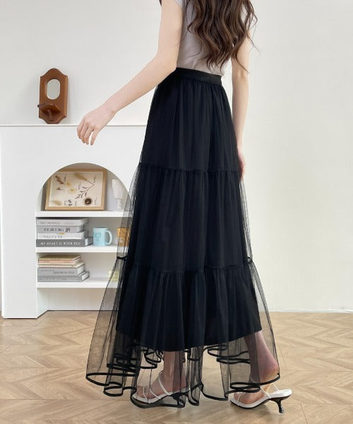 パイピングボリュームチュールティアードロングスカート
