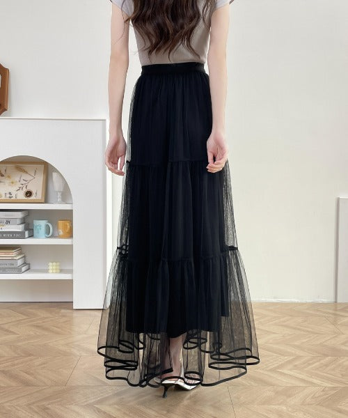 パイピングボリュームチュールティアードロングスカート