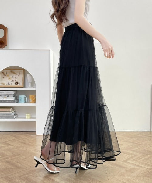 パイピングボリュームチュールティアードロングスカート