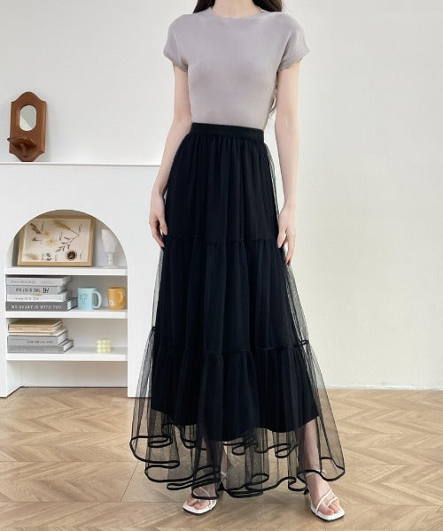 パイピングボリュームチュールティアードロングスカート