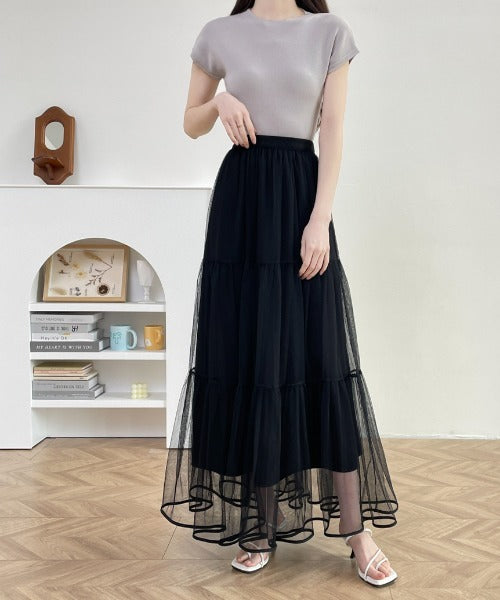 パイピングボリュームチュールティアードロングスカート