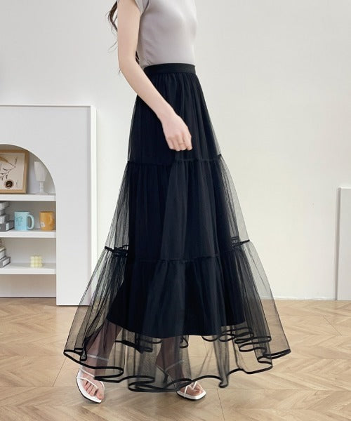パイピングボリュームチュールティアードロングスカート