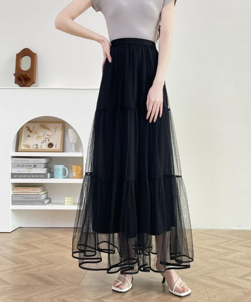 パイピングボリュームチュールティアードロングスカート