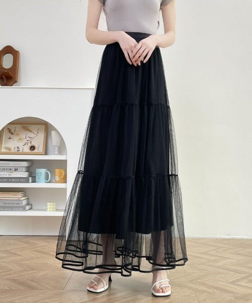パイピングボリュームチュールティアードロングスカート
