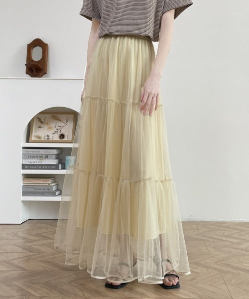 パイピングボリュームチュールティアードロングスカート