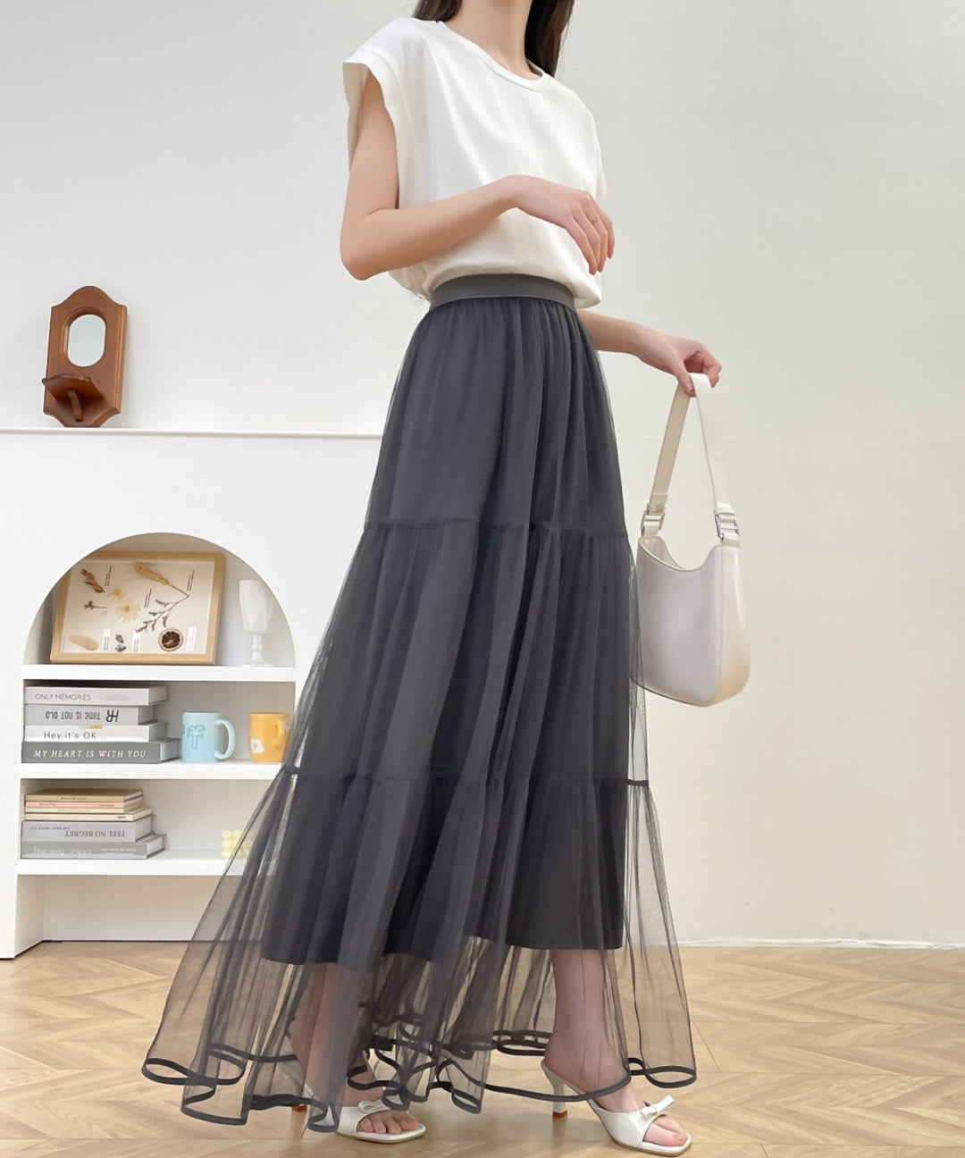 パイピングボリュームチュールティアードロングスカート