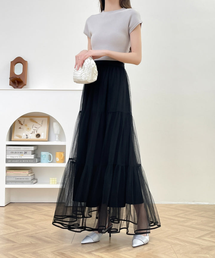 パイピングボリュームチュールティアードロングスカート