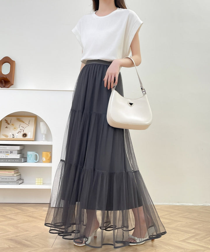 パイピングボリュームチュールティアードロングスカート