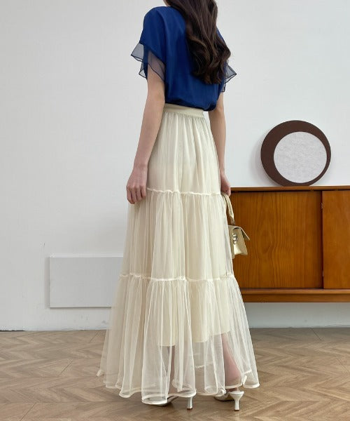 パイピングボリュームチュールティアードロングスカート