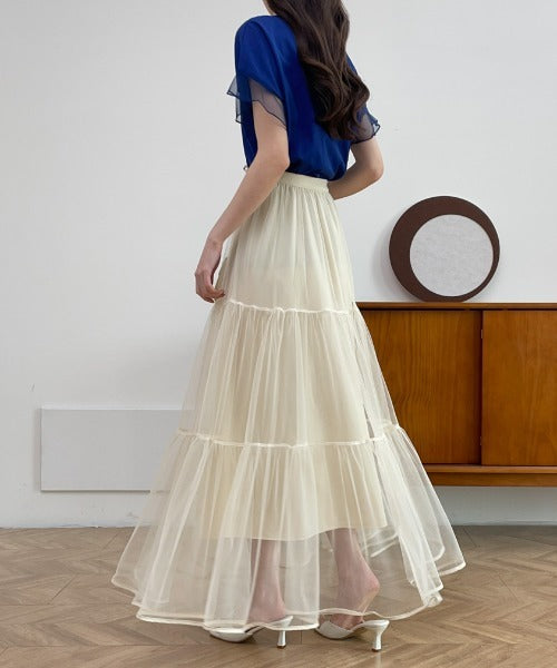 パイピングボリュームチュールティアードロングスカート